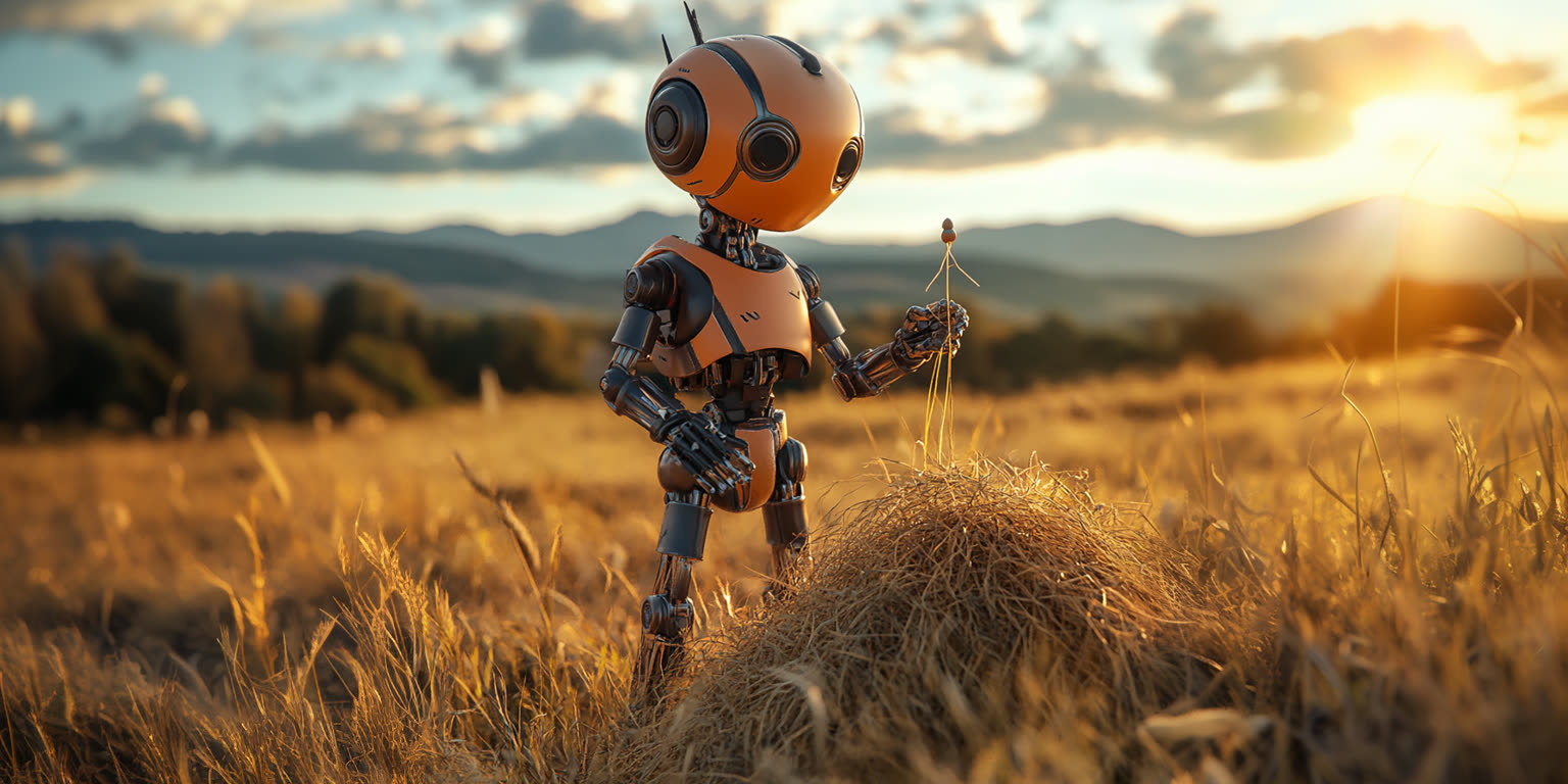 En liten orange robot hittar en nål i en höstack i solnedgången